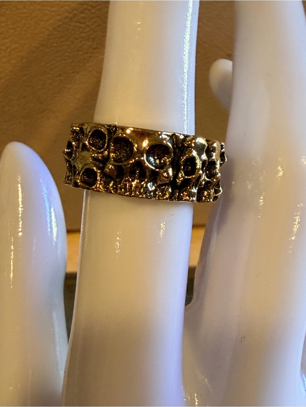 Gold plated .925 Stamped Gold Circle Of Skulls biker ring adjustable